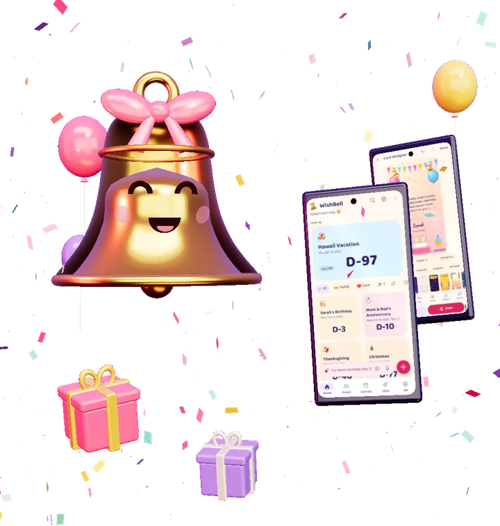 The Joy Bell, a shiny golden bell with a pink bow, ringing next to two phones showing the WishBell home screen and card designer, with balloons, diyas and confetti around it.