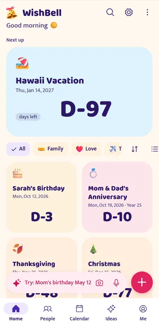 WishBell home screen with a reminder on top: Didi’s wedding is in 7 days.