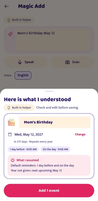 Magic Add screen: “Didi ki shaadi 14 Feb” typed in, and WishBell showing a ready card for Didi’s Wedding on Sun, Feb 14, 2027.