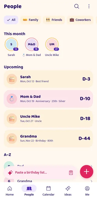 People screen with Family, In-laws and Cousins circles, this month’s birthdays and upcoming days such as Rohit Jiju’s birthday.