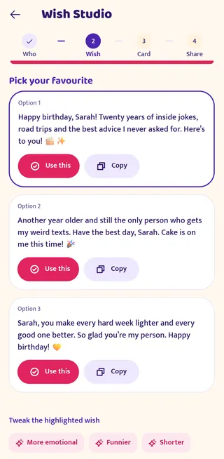 Wish Studio: three Hindi birthday wishes for Jiju, each with a “Use this” button.