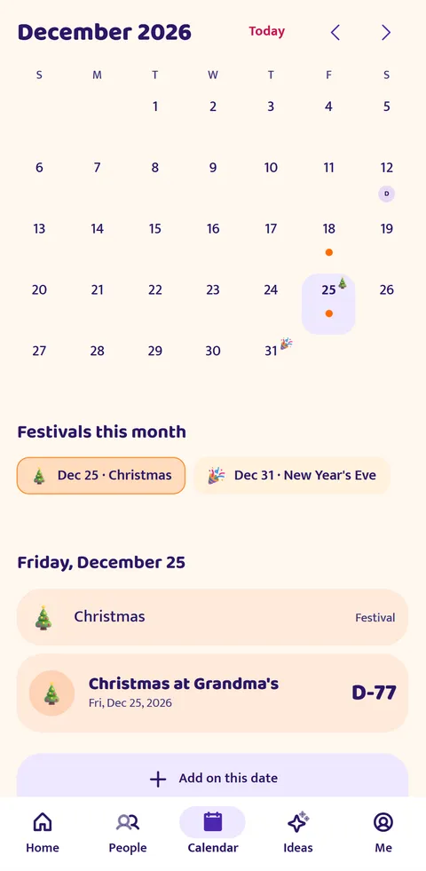 WishBell screen: Holidays calendar