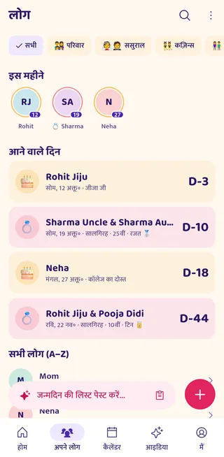 पीपल स्क्रीन: परिवार, ससुराल और कज़िन्स के सर्कल, इस महीने के जन्मदिन और आने वाले दिन।